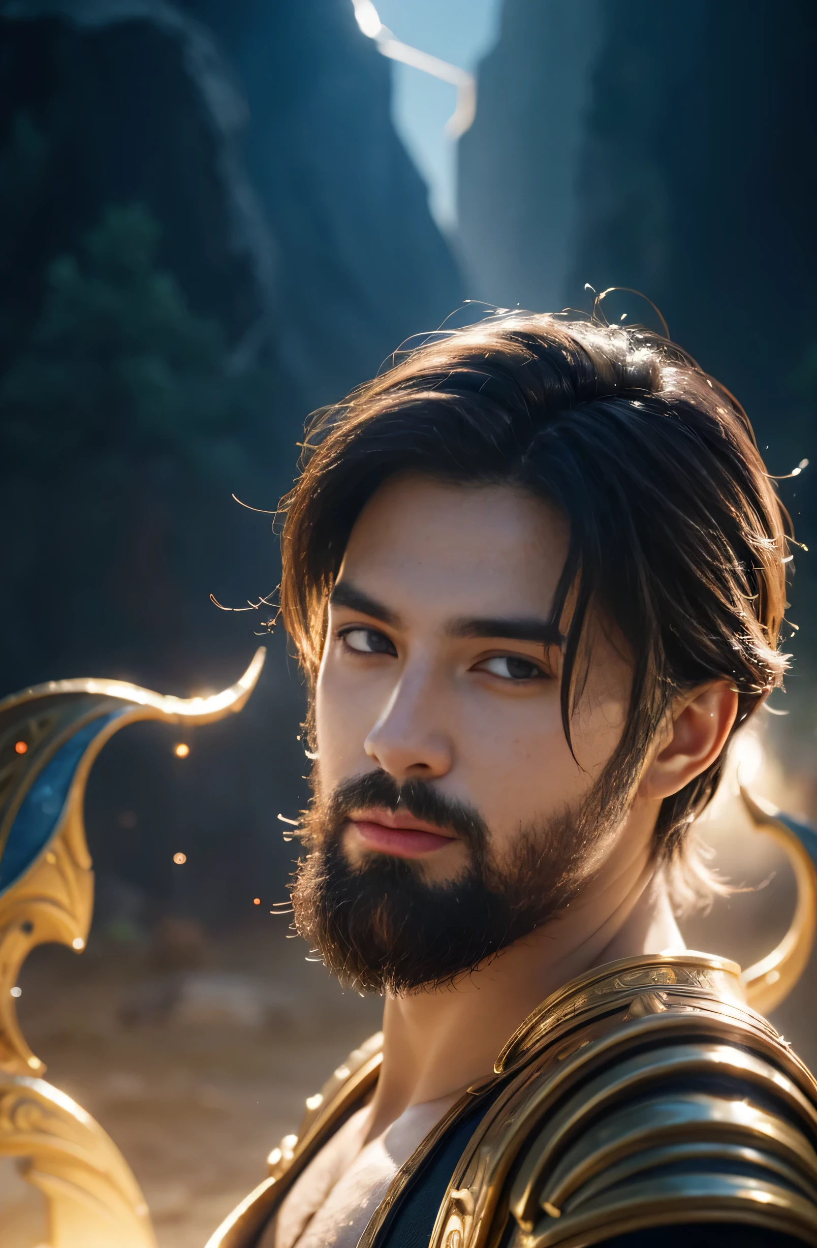 Masterpiece, best quality, high resolution, Close-up photo, one man,  greek god, Fantasy, style league of legends, Beautiful pic painting, light, dramatic composition, front view, HDR, Volumetric light, Special quality, elegant, Highly detailed