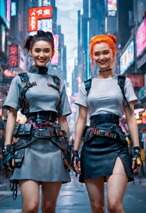 masterpiece, best quality, ((smiling)) cyberpunk girls standing, having grey and grey uniform and black long skirt, harajuku-ins...