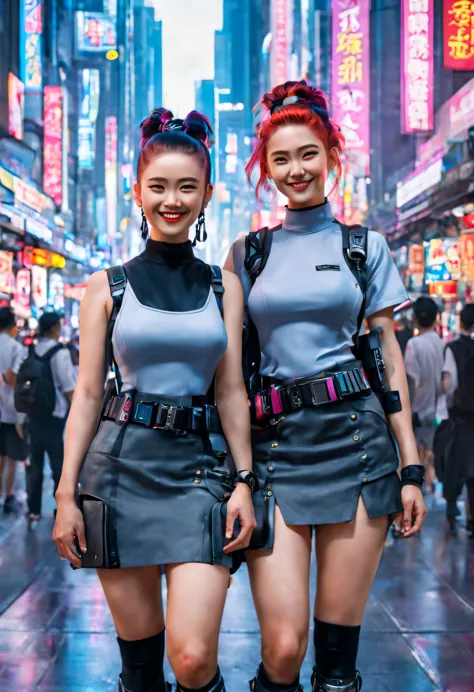 masterpiece, best quality, ((smiling)) cyberpunk girls standing, having grey and grey uniform and black long skirt, Harajuku-ins...