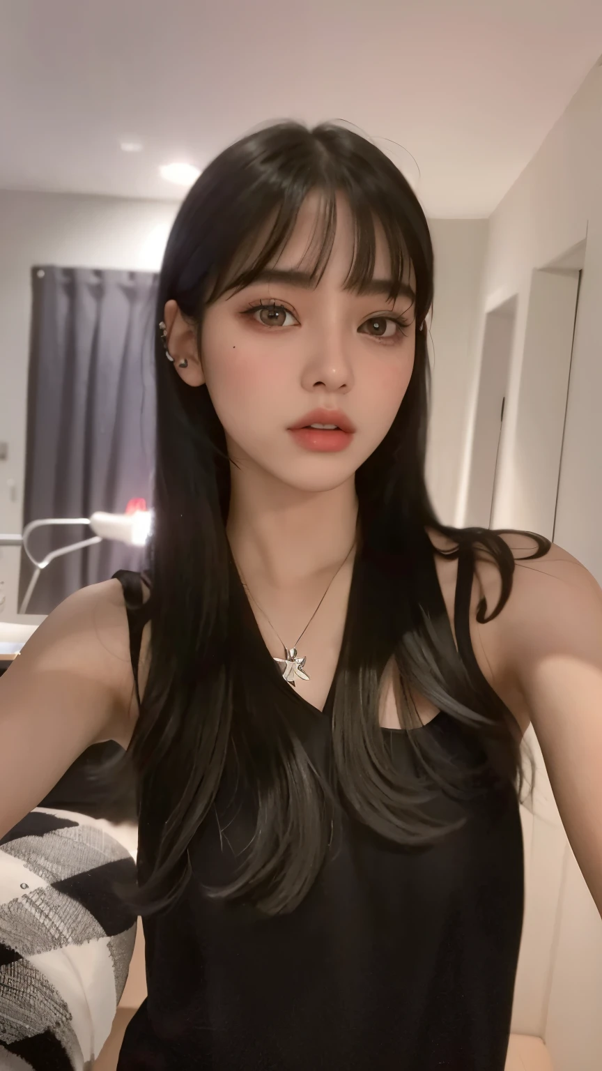 A woman with long black hair wearing a black top and a necklace - SeaArt AI