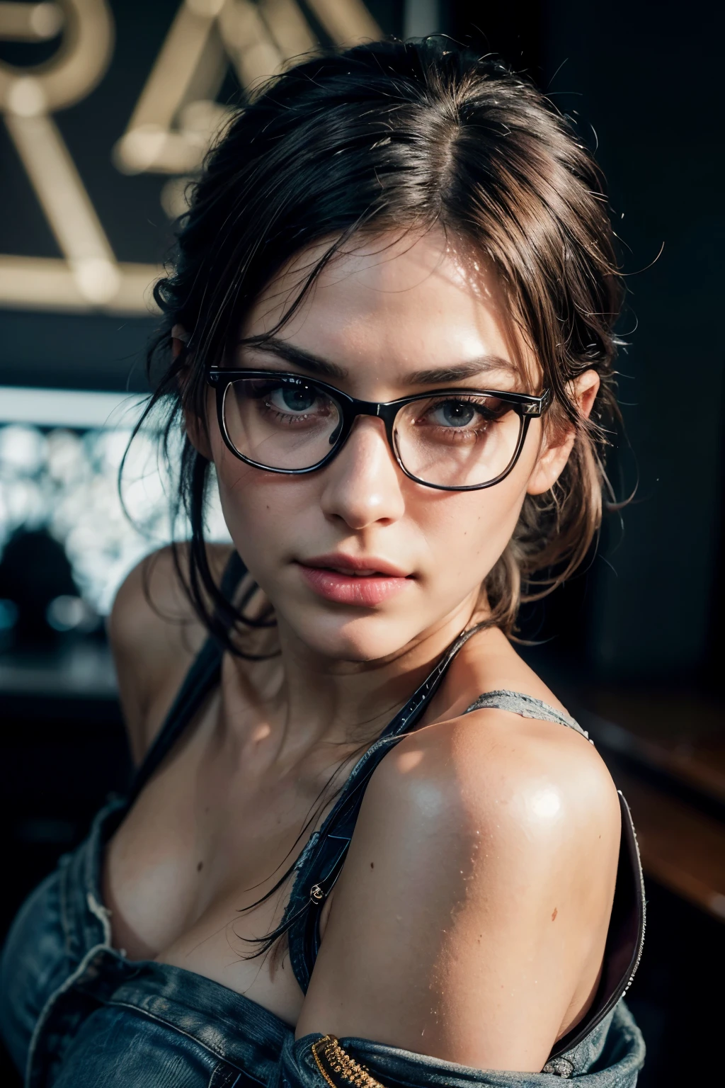 an alluring and beautiful female :1.1, she sits in front of her (flash-art wall:1.4), (she wears thick dark-rimmed glasses on, black tshirt with anime graphic print, dark jeans, bandanna in hair, a piercing) and is intensely looking at camera (studio neon light:1.1), smoky, (Rembrandt lighting:0.9) ,(relaxed intimate photoshoot), beautiful face, slight smile, intense presence , cozy relaxed, catching us, beautiful hands, kind eyes, gorgeous warm lighting:1.4,, incredible details, ((high contrast)), (deep, darkest shadows), (shadow details:1.0), ((taken using Leica camera, aperture: f/2.3)) , hyper-realistic skin, pores, scar, mole, (she has dark hair pulled away from face, tidy updo), smokey eye makeup, her arms relaxed , relaxed moment,  natural light glow, (romantic light:1.2), radiant skin, perfectly framed face, perfect relaxed hands, perfect fingers, (perfect portrait, incredible eyes:1.1), a work of art, beautiful composition, golden ratio, inspiring, (highest quality fabric texture), every detail,Fine facial features – (Highest Quality) ,Leica camera film, High quality ○○ detailed – ○○ details ultra detailed(Ultra-fine ), Photorealistic, Extremely detailed(Extremely detailed) , (highest detail image, lens flare, realistic)○○ res – ○○ resolution ultra high res(A high resolution)