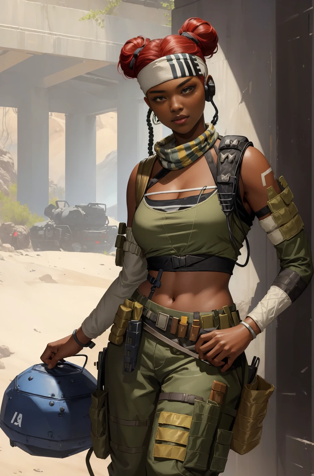 (Masterpiece:1.4), (best quality:1.2), lifeline \(apex legends\), 1girl, dark-skinned female, crop top, detached sleeves, headband, pants, hair bun, mask around neck, red hair, headset, upper body