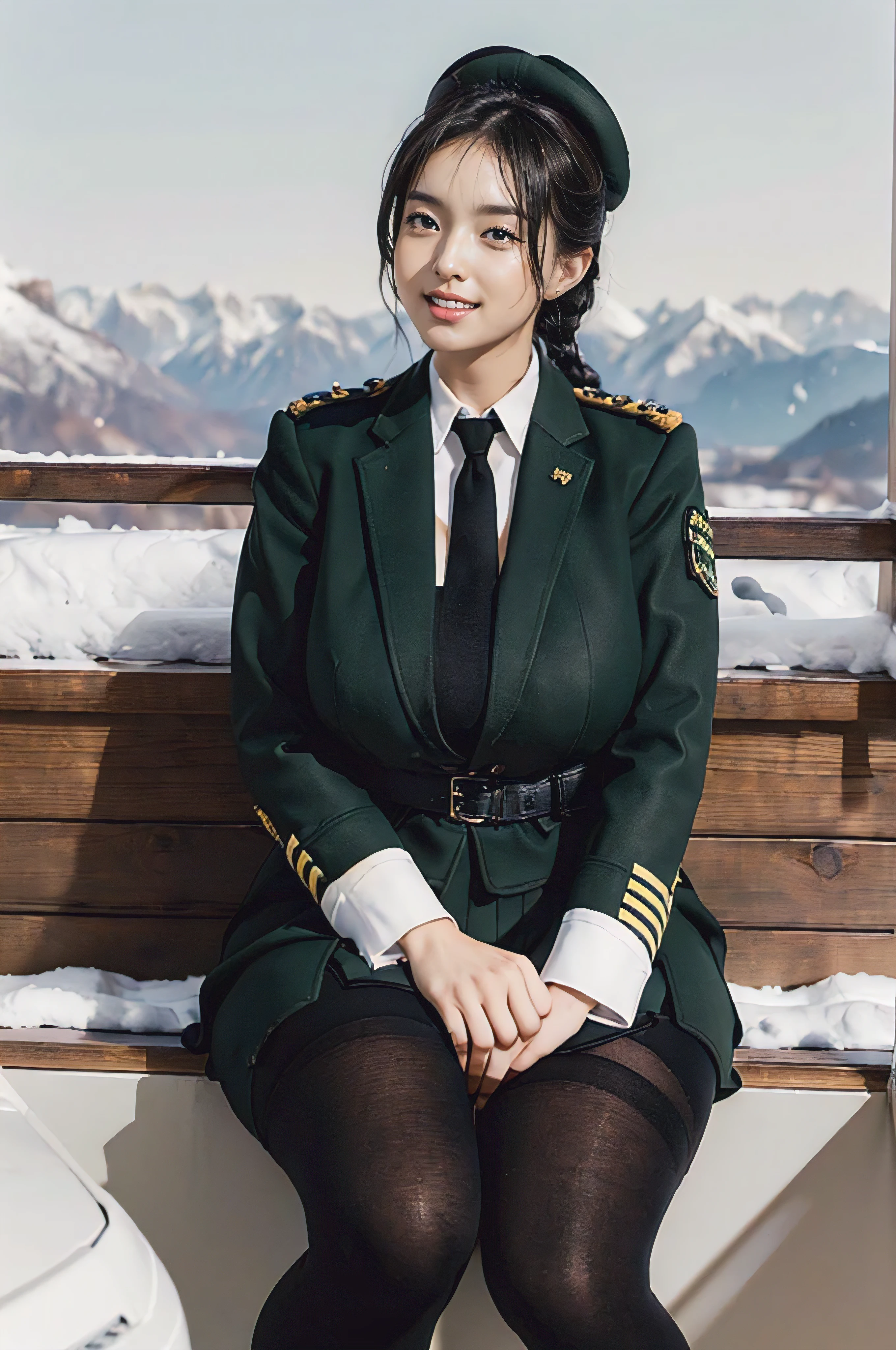 Typically detailed CG Unity 8K wallpapers，（masterpiece），（best quality），（Super detailed），（Super real photos），（Best character details：1.36），Nikon D750F / 1.4 55mm，original photo，professional lighting， Physically based rendering, 1 plump girl, female soldier，(Dark green military uniform，(Dark green military uniform)，business suit，Fabric texture military uniform, Perfect military calm)，(Wear a plain white shirt under the jacket:1.25)，(black tie)，((Black panty,))，bare legs，plump thigh military cap，Large wavy curls，Do not tie your hair，Short hair details，Twist braids)，golden ratio,[:(Have a delicate face:1.2):0.2]:，pure love face_v1，thick bushy eyebrows,(huge breasts:1.55),(huge ass),(plump thighs:1.45),(wide hips:1.55),((Place your finger to your mouth):1.4)，close-up，((Smile full of confidence， Shy，on snowy mountains):1.35)，(((Close-up of panties),Close-up of chest,face close-up,Front view，))，(sunset sky，gentlesunlight，sunshine on face，(light shining on face)，blue sky，sunny smile，brilliance)，white teeth，(look at me)，(((Tik, bbw sauce, Thick and tight, wide hips, Buttocks swell crazily,🐎🍑,(Spread your legs apart:1.2),attractive pose,sexy pose,A woman in uniform sits cross-legged on a platform, ) )，azure lane style),Tutu database,white stockings,garter belt,spread legs,black pantyhose