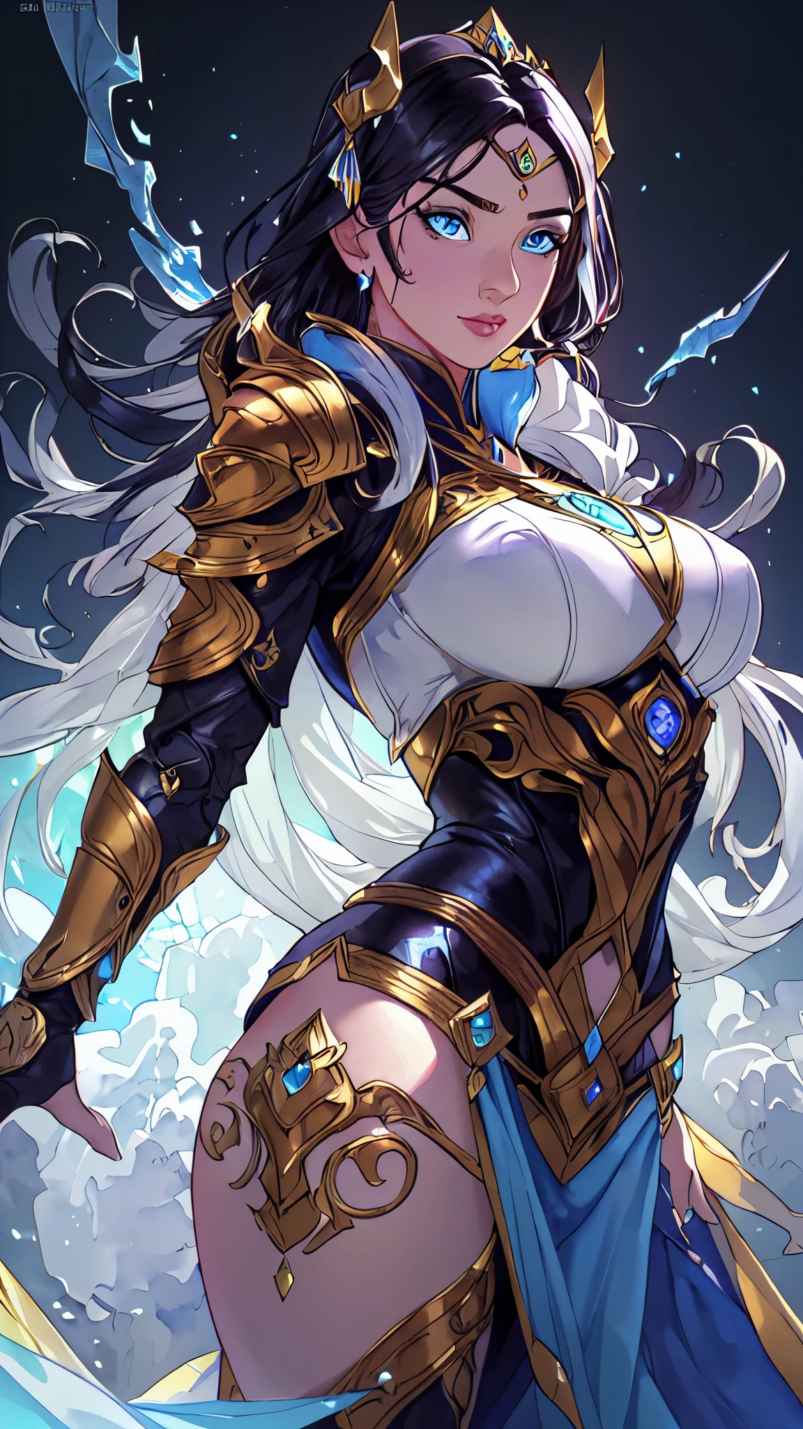 1girl, depth of field, official art, unity 8k wallpaper, ultra detailed, illustration, beautiful and aesthetic, masterpiece, best quality, knight, (big breasts), (milf, mature female), (black armor, armor, breastplate), beautiful face, (long hair, black hair,  very straight hair:1.4, hime cut:1.4), blue eyes, cowboy shot, glowing skin, back lighting, athletic figure, muscular female, curvy, wide hips, colorful, looking at viewer, Hyperrealistic, gradient background, dark background, outline, fantasy, from the front, watercolor, traditional media, (chromatic aberration, intricate details)