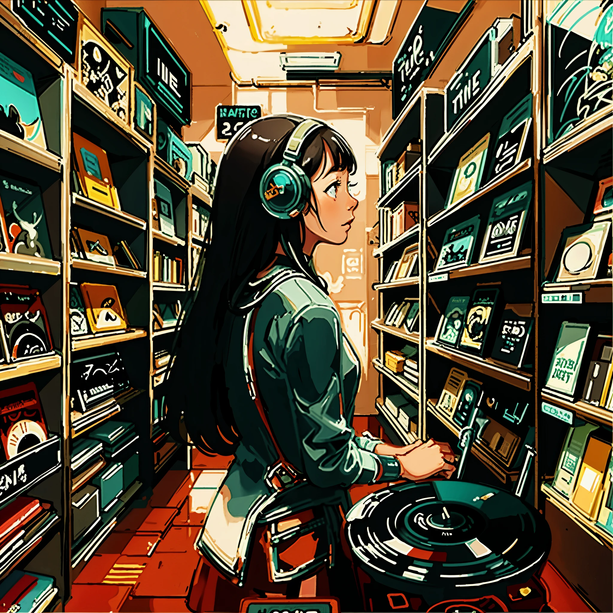 (long shot), wide shot, (Film noise), Old cartoons, (lots of records:1.3), vinyl record shop, (masterpiece, highest quality, highest quality, official art, beautiful and aesthetic: 1.2), (Woman listening to music with one headphone), very detailed, (fractal art: 1.4), best details, guitar, (notebook: 1.4), ( Lo-Fi Hip Hop), Side view, Old anime texture, alone, loudspeaker, cyber punk, vinyl