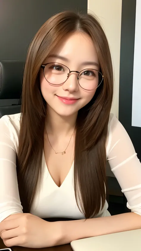 asian, glasses, small breasts, no bra, smile - SeaArt AI