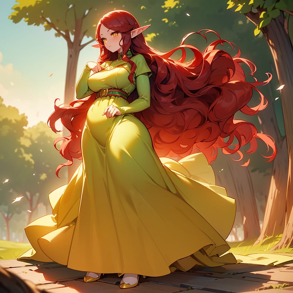 (((I want an elf woman alone, Fair skin, long wavy red hair, completely yellow and serene eyes, curvy body, Wearing a pretty dress and a sweet expression)))