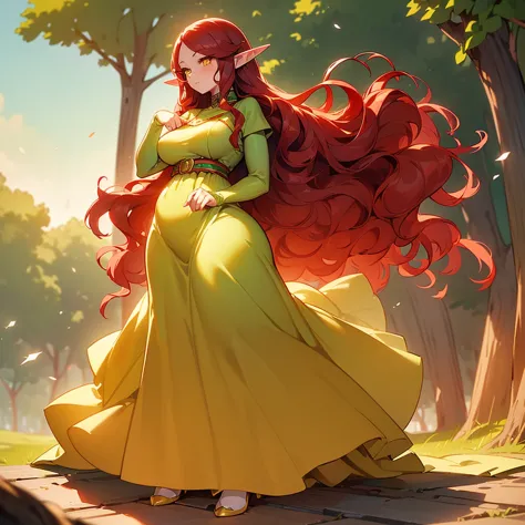 (((i want an elf woman alone, fair skin, long wavy red hair, completely yellow and serene eyes, curvy body, wearing a pretty dre...