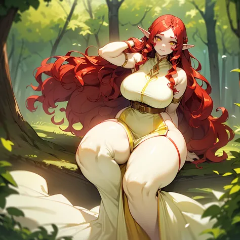 (((I want an elf woman alone, Fair skin, long wavy red hair, completely yellow and serene eyes, curvy body, Wearing a pretty dre...