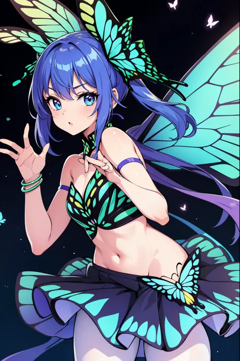 1girl, (butterfly ears:1.1), (blue hair), (dynamic pose), (colorful idol costume), (mini skirt), (white pantyhose), (butterfly wings:1.3), (dynamic angle), more_details:-1, more_details:0, more_details:0.5, more_details:1, more_details:1.5, glowify, more p...