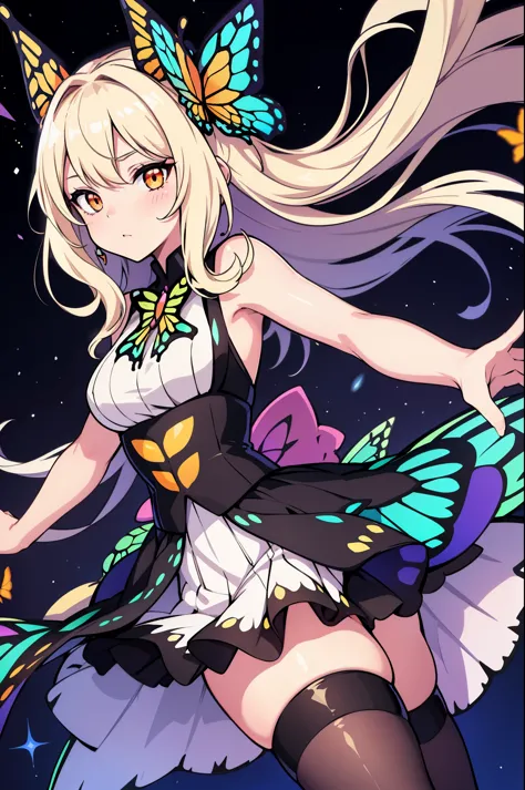 1girl, (butterfly ears:1.1), (platinum blonde hair), (curly hair), (long hair), (pale orange eyes), (dynamic pose), (colorful idol costume), (monarch butterfly), (mini skirt), (black pantyhose), (butterfly wings:1.3), (dynamic angle), more_details:-1, more...