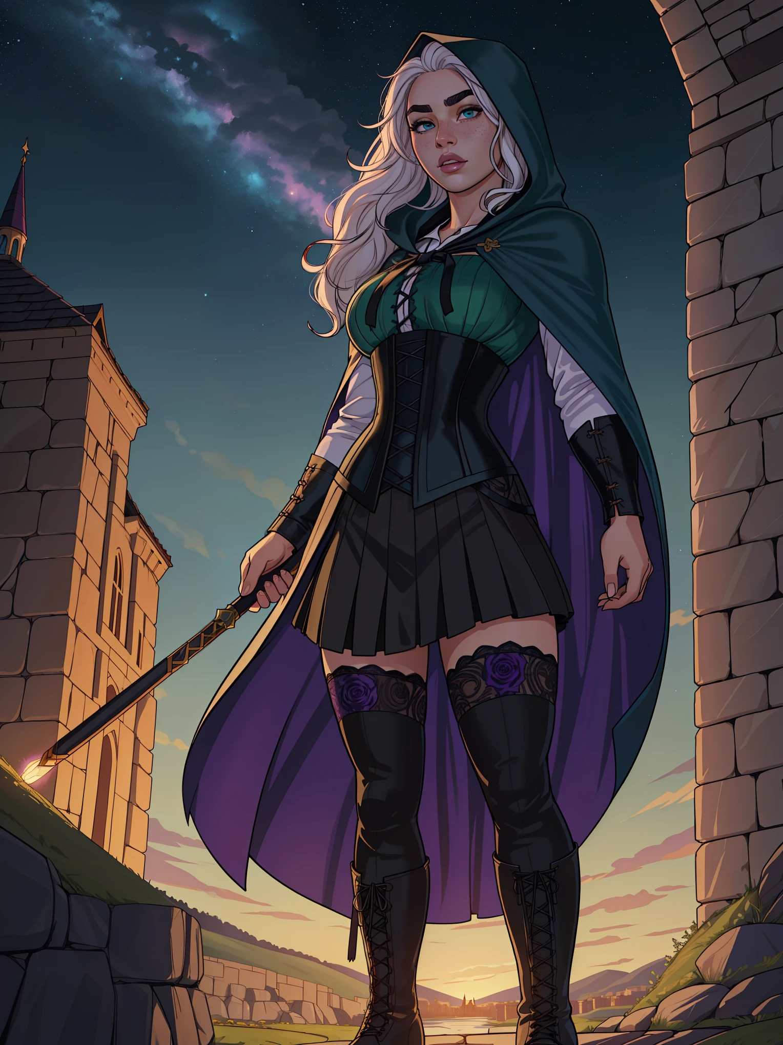 Solo, human, 1girl, female, curvy, Young adult, Fair skin, Wavy White Hair, hair on shoulders, (freckles:0.9), heterochromia eyes, green eye, purple eye, glowing eyes, eyebrows, eyebrow cut, thin lips, bow lips, black combat skirt, hooded cloak, blue cloak, corset, collard shirt, opaque lace stockings, combat boots, (by JJGG, by Chuby Mi, masterpiece,high quality,hi res,8k hd),standing,close-view portrait,looking at viewer,night, outdoor, castle, floating gemstone, gymstone, detailed hair, detailed eyes, rwby rose clothes,