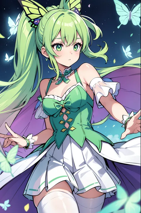 1girl, (green butterfly ears:1.1), (pastel green hair), (wavy ponytail), (luna moth), (curly ponytail), (violet hair ribbon), (dynamic pose), (colorful idol costume), (luna moth aesthetic), (mini skirt), (white pantyhose), (green butterfly wings:1.3), (dyn...
