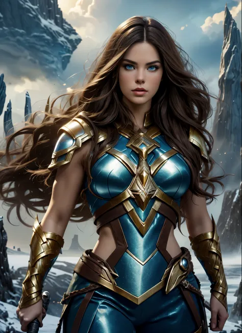 Alison Tyler as a Asgard valkyrie，blue eyes, long brown hair, perfect body, Senhora Cavaleiro，Anatomia correta，holding a magical...