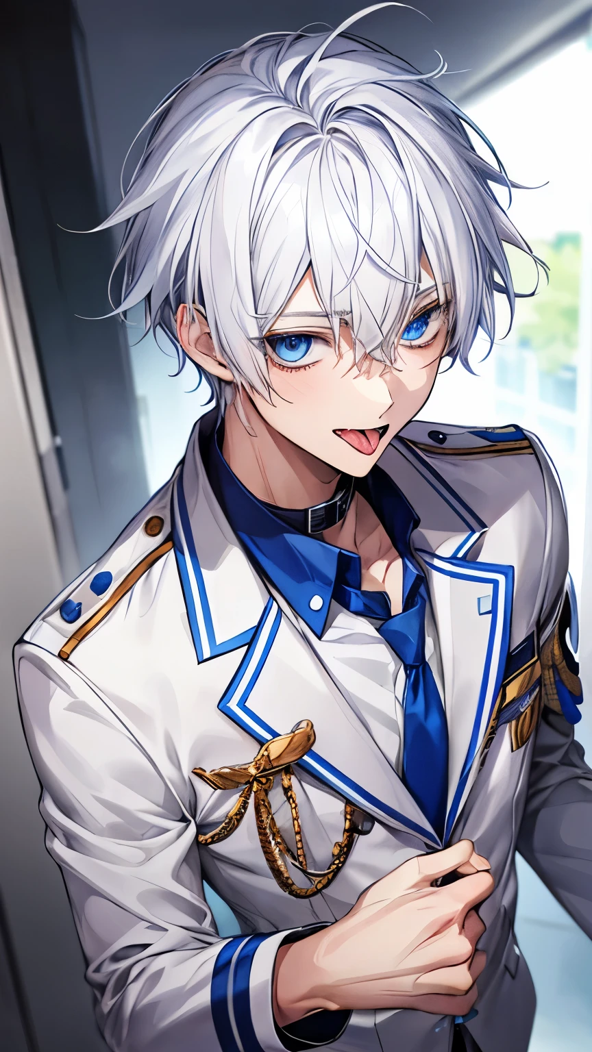 Anime boy in uniform with white hair and blue eyes - SeaArt AI