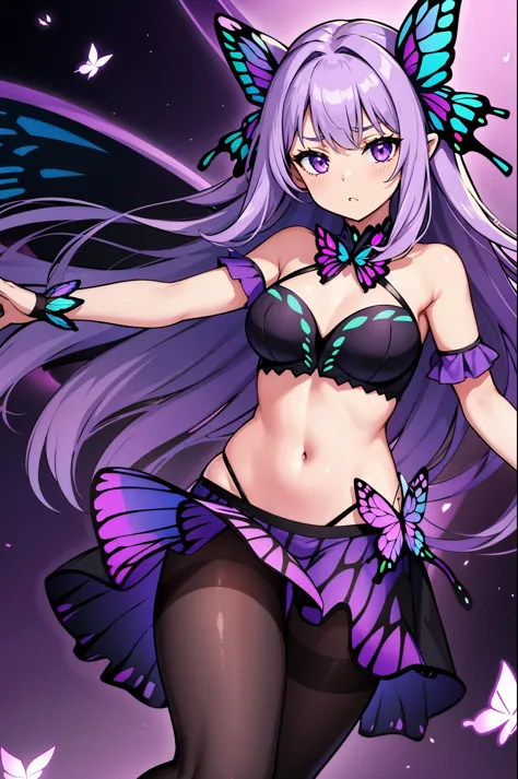 1girl, (butterfly ears:1.1), (violet hair), (silver violet eyes), (dynamic pose), (colorful idol costume), (mini skirt), (black pantyhose), (violet butterfly wings:1.3), (dynamic angle), more_details:-1, more_details:0, more_details:0.5, more_details:1, mo...