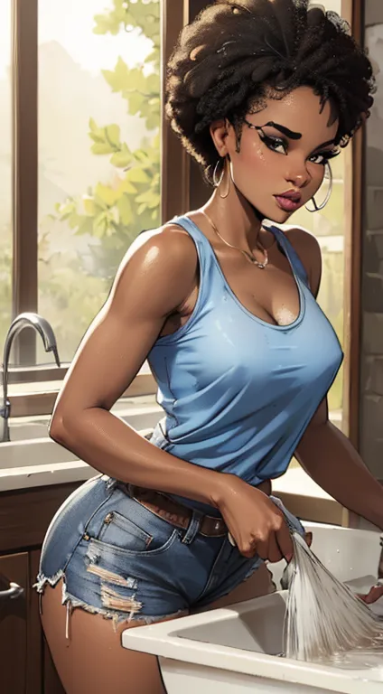 a sultry african woman (wearing a tanktop and cut-off shorts) while washing the dishes, ((highly detailed face), natural skin te...