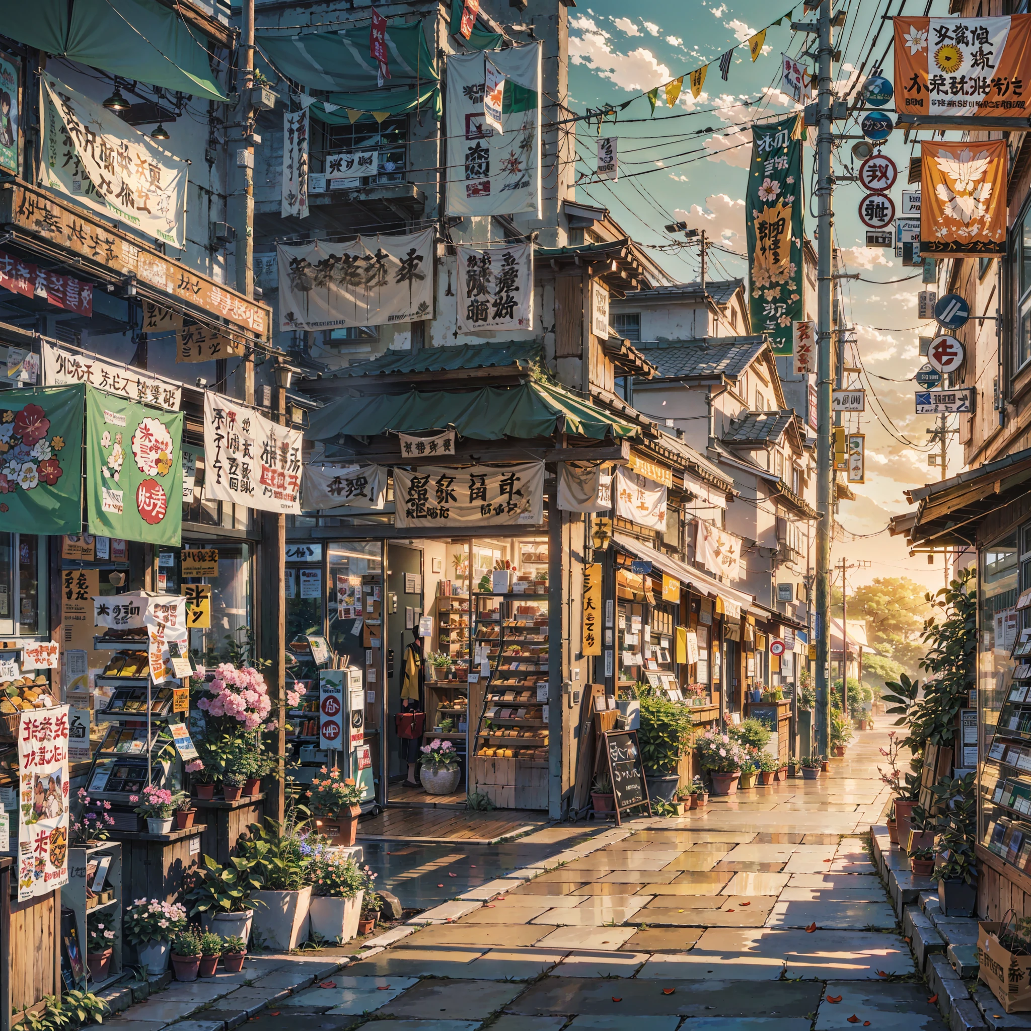 Anime scenery of a street with shops and flowers - SeaArt AI