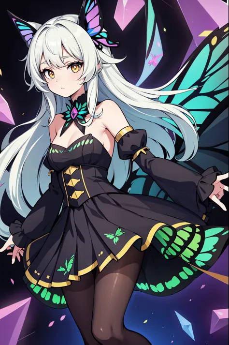 1girl, (green butterfly ears:1.1), (white hair), (long permed hair), ((white eyes)), ((faint pupil)), ((noodle hair)), ((ringlets)), (black butterfly), (dynamic pose), (colorful idol costume), (black butterfly aesthetic), (mini skirt), (black pantyhose), (...