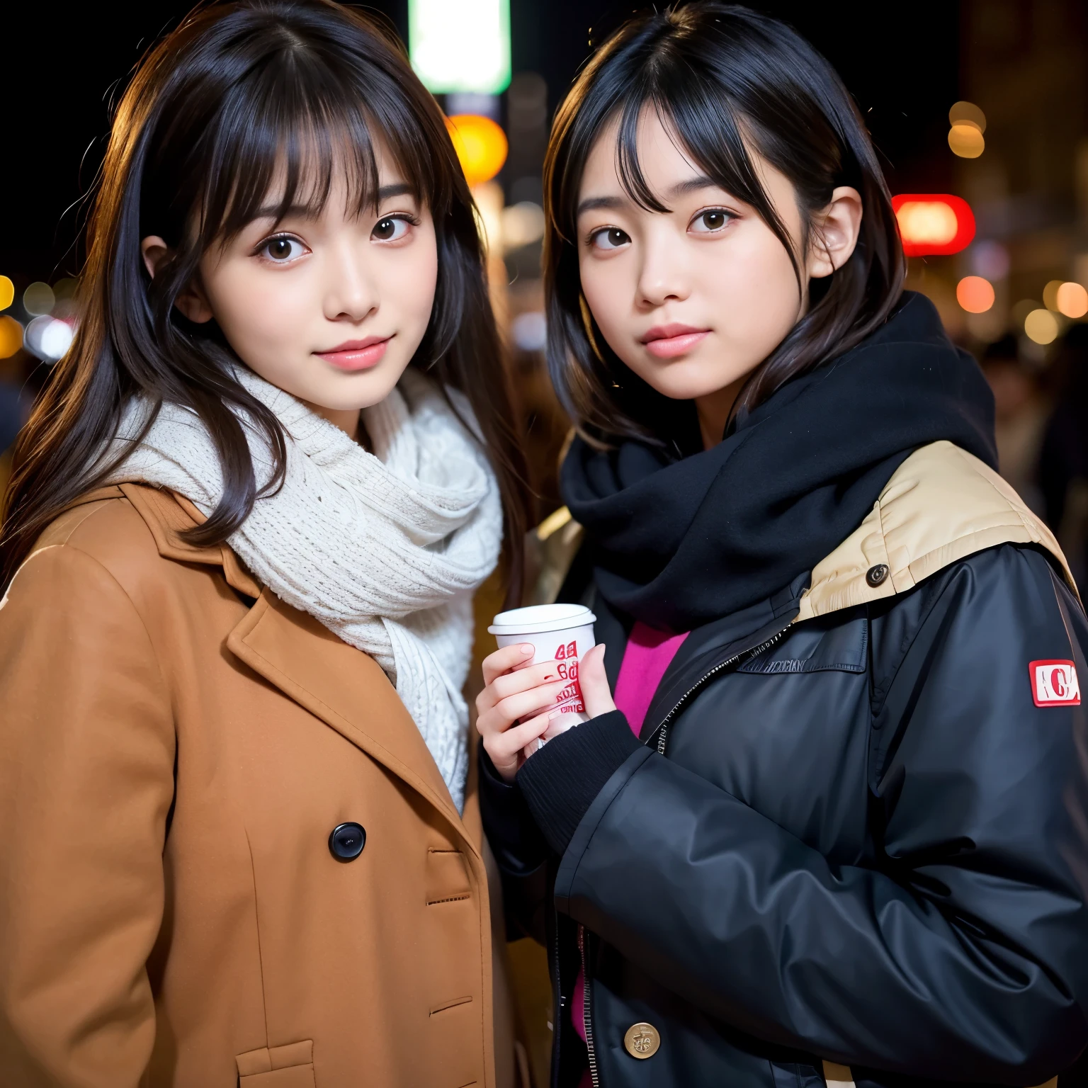 Two asian women standing next to each other holding coffee cups - SeaArt AI