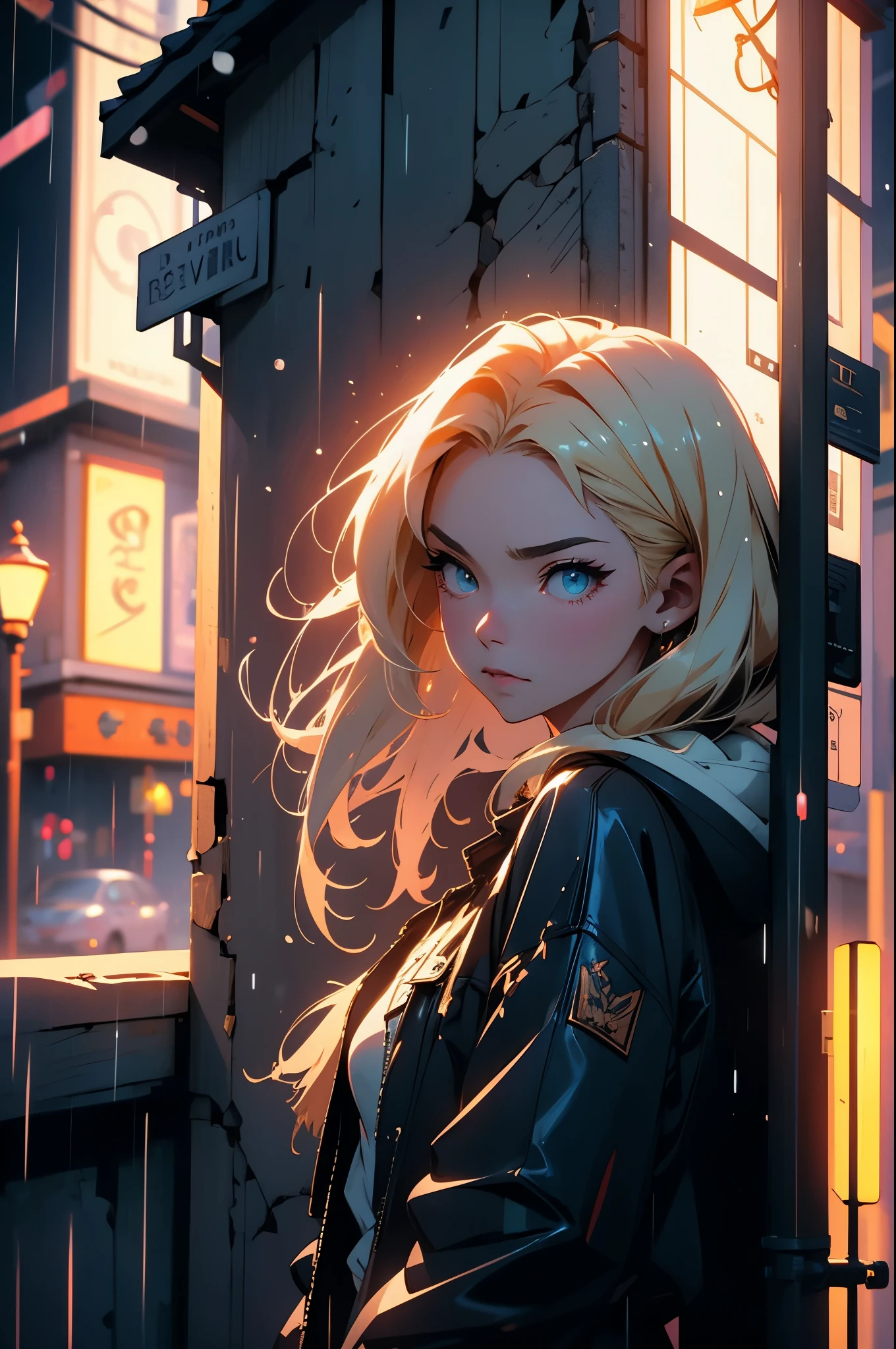 blond woman in a short dress and jacket leaning against a wall, artwork in the style of guweiz, 8k high quality detailed art, ross tran style, detailed digital anime art, stunning digital illustration, digital art of an elegant, beautiful digital artwork, photorealistic anime girl render, ross tran 8 k, 3 d render character art 8 k, cold rain, night, raining, dark clouds, raindrops, sad time, letterboxed, framed, rounded corners, from below, award winning, hooded