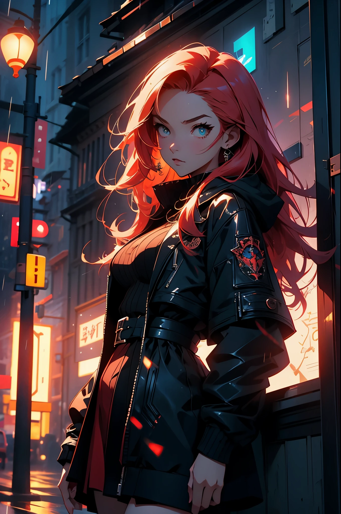 redhead woman in a short dress and jacket leaning against a wall, artwork in the style of guweiz, 8k high quality detailed art, ross tran style, detailed digital anime art, stunning digital illustration, digital art of an elegant, beautiful digital artwork, photorealistic anime girl render, ross tran 8 k, 3 d render character art 8 k, cold rain, night, raining, dark clouds, raindrops, sad time, letterboxed, framed, rounded corners, from below, award winning, hooded