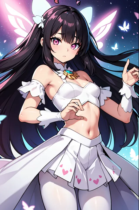 1girl, (white butterfly ears:1.1), (black hair), (long wild hair), ((pink eyes)), ((faint pupil)), ((hime cut)), (white butterfly), (dynamic pose), (colorful white idol costume), (white butterfly aesthetic), (mini skirt), (white pantyhose), (white butterfl...