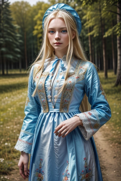 Create a detailed portrait of a young beautiful Scandinavian woman. (Blue eyes, blonde, long hair, pale skin, in national Russian costume, clothes in Russian folk style, embroidery on clothes), Old Church Slavonic, Old Russian, raw photo, (Skin with high detail:1.2), 8K
