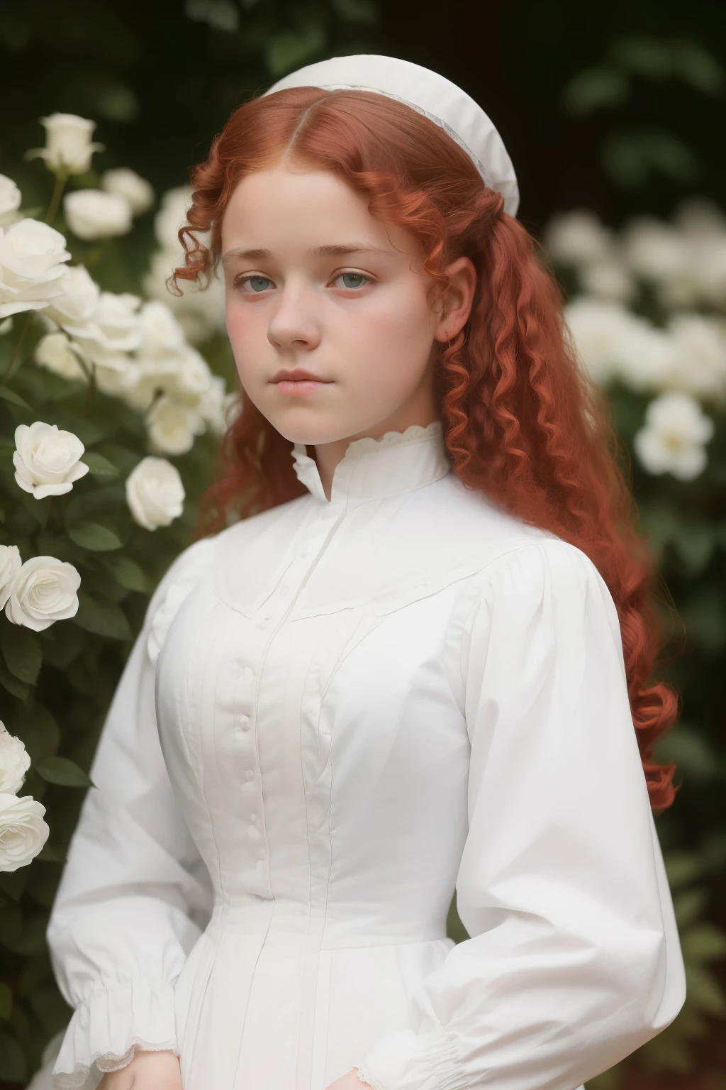 London, 1895. A ((((15-year-old)) Gemma Doyle)), in the gardens of a boarding school for ladies. ((((white from the 19th century)))), ((wild curly red hairstyle from the 10s))