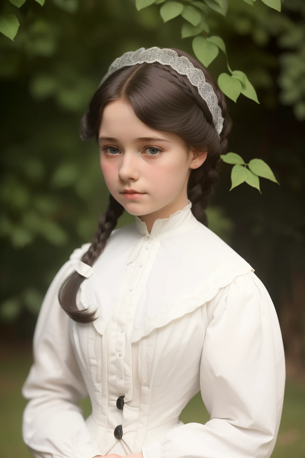 London, 1895. A ((((15-year-old)) Pippa Cross)), extremely beautiful and doll-like delicate, in the gardens of a boarding school for ladies. ((((white from the 19th century)))), ((black ringlets hairstyle from the 1890s))