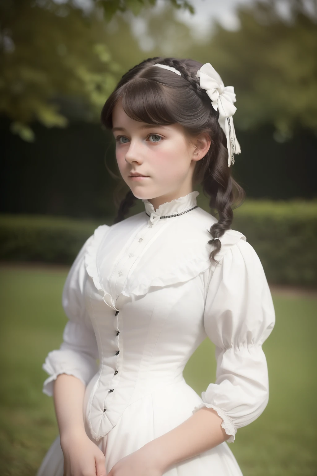 倫敦, 1895. A ((((15歲)) 皮帕·克羅斯)), 極其美麗精緻, 在女子寄宿學校的花園裡. ((((19世紀的白色)))), ((10年代的黑色捲髮髮型))