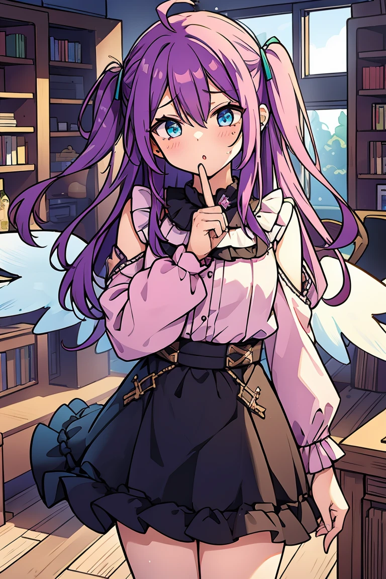 long hair, mole under mouth, purple hair, two side up hair, hair between eyes, aqua eyes, ahoge, 1girl, blush, :o, cowboy shot, angel wings