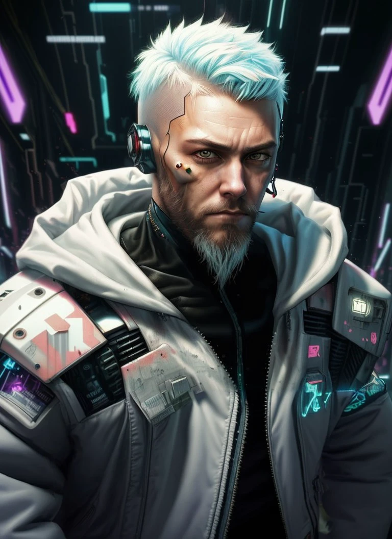 a man with blue hair and a white jacket stands on a neon background, cyberpunk portrait, Cyberpunk Portrait, cyberpunk dude, hyper-realistic cyberpunk style, portrait of a cyborg in cyberpunk style, cyberpunk character, cyberpunk character art, digital painting cyberpunk, Cyberpunk art style, cyberpunk hero, cutting-edge cyberpunk digital art, cyberpunk art, cyberpunk style ， hyperrealistic