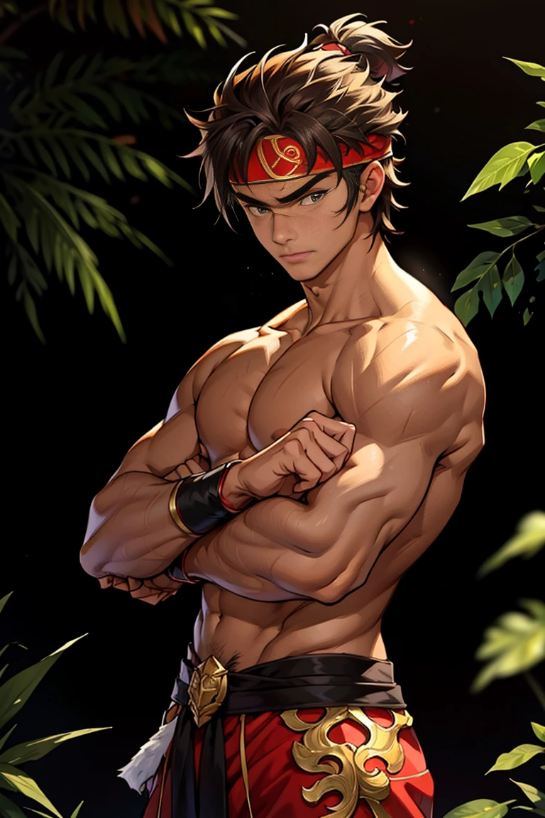 (Masterpiece, Best quality 16 year old boy，Shota), solo, Young, boy, Dark Short hair, full bodyesbian, Shirtless, babyface, topless, green headband, Vivid colors,(Depth of field:1.2),(Abs), view the viewer, black wristband, closed mouth, serious, topless male, pale tanned skin with tight muscler body, Man with martial arts stance, epic kung fu pose,