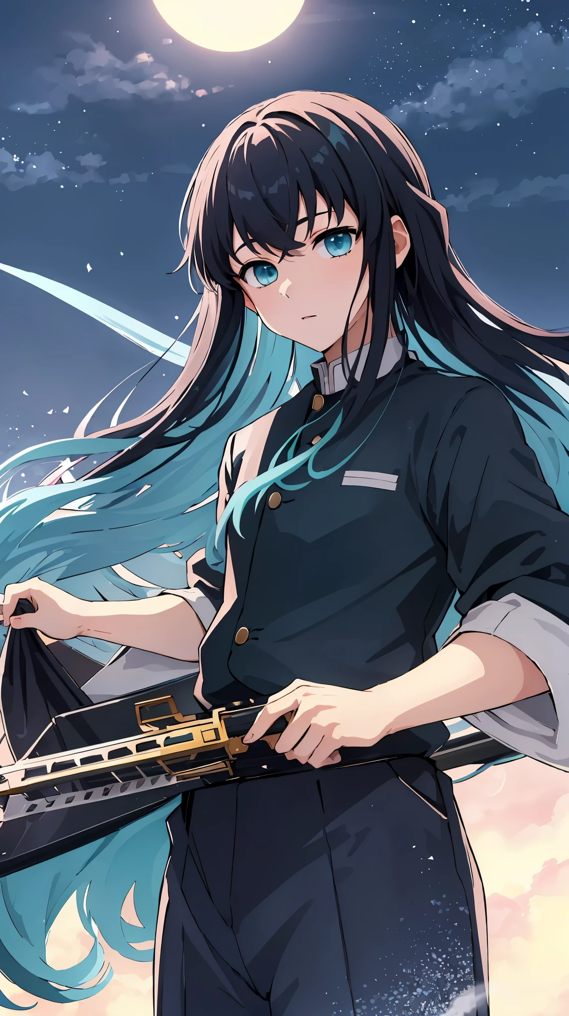 A Woman With Long Hair Holding A Gun In Front Of A Full Moon - Seaart Ai