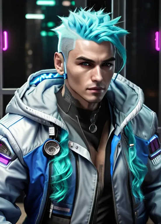 a man with blue hair and a white jacket stands on a neon background, cyberpunk portrait, cyberpunk portrait, cyberpunk dude, hyp...