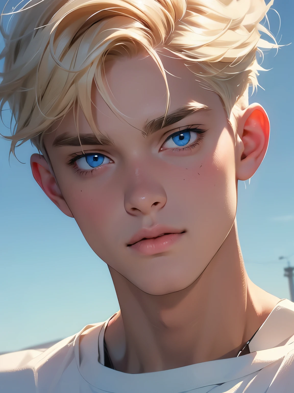 Caucasian man,  thin nose, thin lips, blue eyes, blonde hair, jock putfit, slightly fleshy undertone, young handsome face, pastel art 