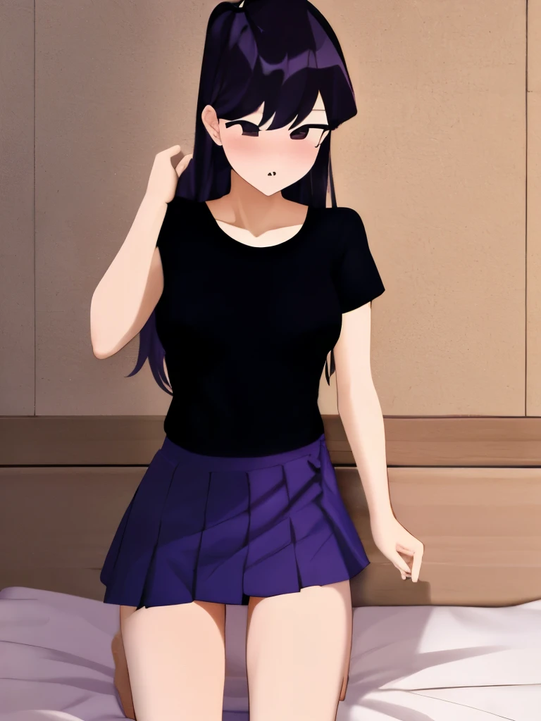 Anime girl in a black shirt and purple skirt on a bed - SeaArt AI