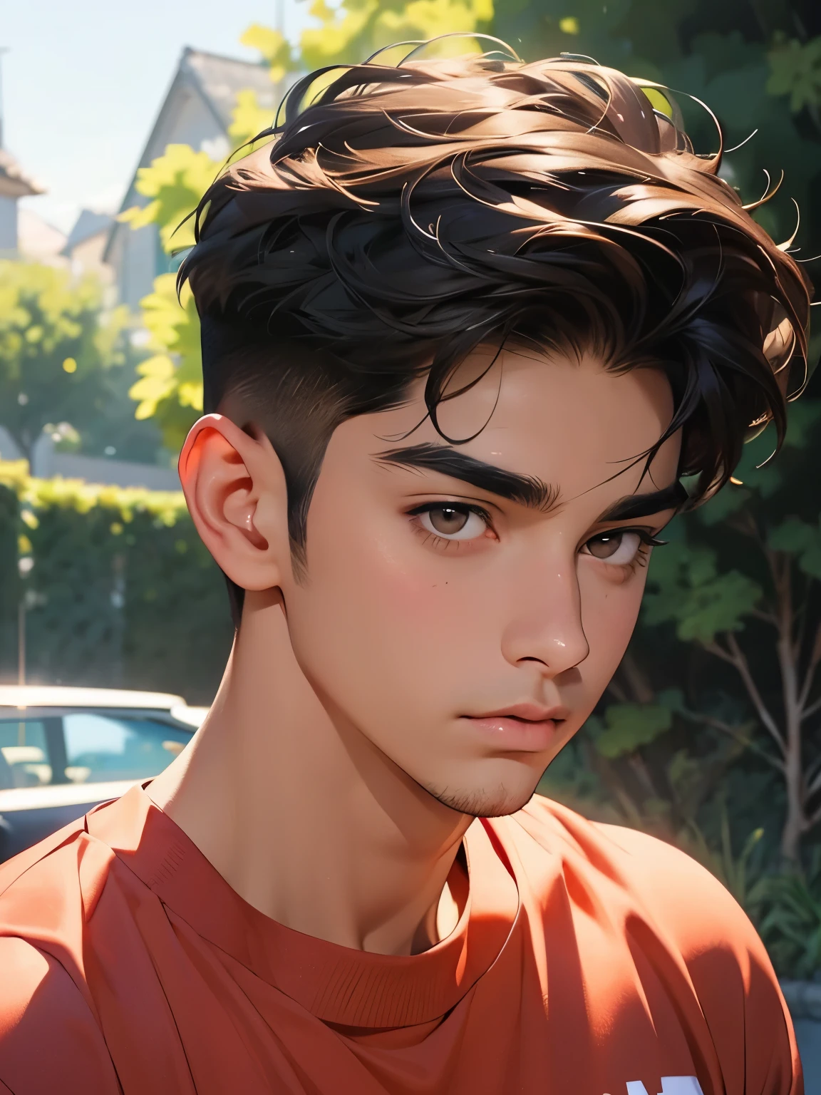 Persian man,  cute nose, thin lips, Brownish eyes, short brown  hair, jock outfit, tan undertone, young hot handsome face, pastel art 