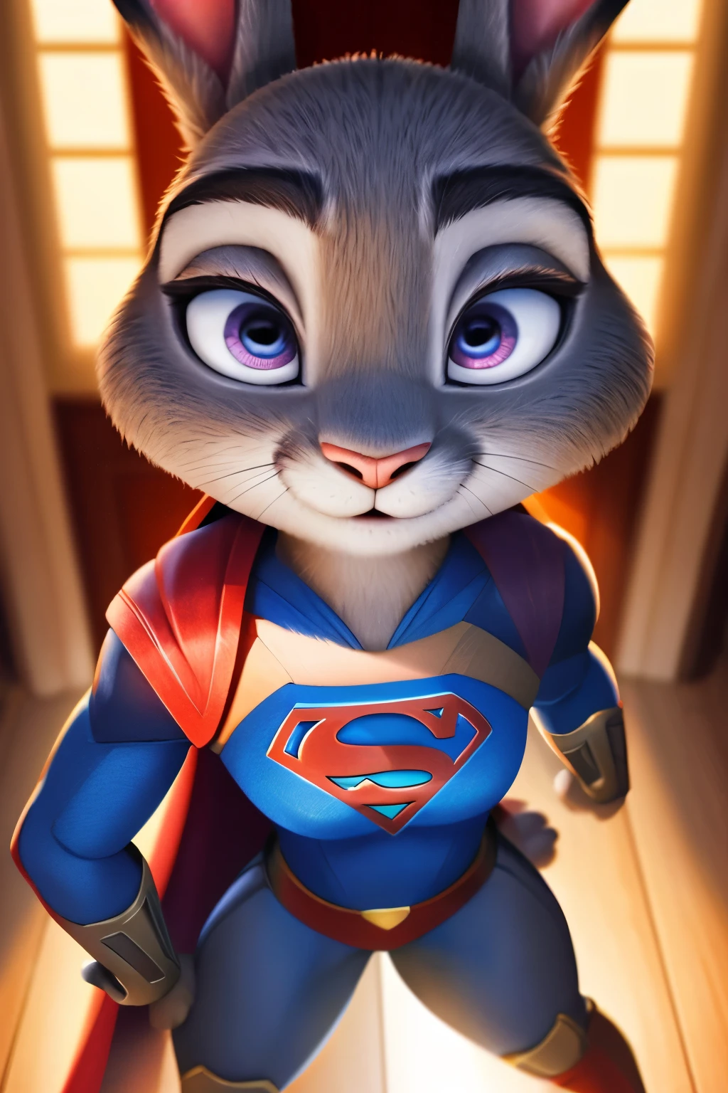 A cartoon bunny dressed as superman in a room - SeaArt AI