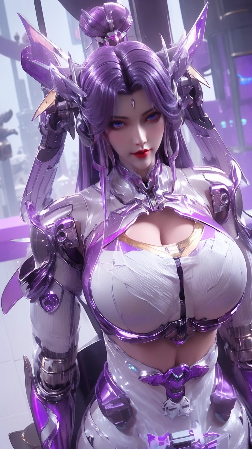 1GIRL,SOLO,UPPER BODY, ((BEAUTY PURPLE HAIR)), (GIGANTIC FAKE BREAST -  SeaArt AI