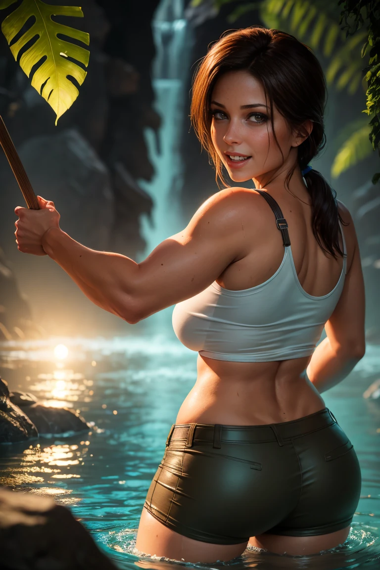 Worms eye rear view slim Lara Croft standing waist-high in a river in the jungle at night. Wet body. Wet clothes. Wet see-through grey shirt. She is soaking wet. Wet hair. Beautiful face. Arms by her side. (Left arm on left hand side, right arm on right hand side). Bent down towards the surface of the river. Giant bosom G cup size. stunningly beautiful, sexually attractive, slim and buxom. With a curvaceous figure, wide hips.  An outrageous protrusion from her perfectly symmetrical and obvious, extendedly sticking out, slim bubble butt. Creating the illusion of a mile deep butt crack.  Laughing happily & excitedly. Wearing a T shirt, light brown shorts. Only One Lara per frame.