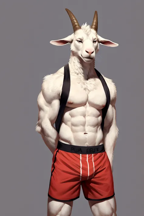 (solo,furry,anthro),male,standing,front view, muscular body, simple image background, goat,wearing boxer shorts, hands behind ba...