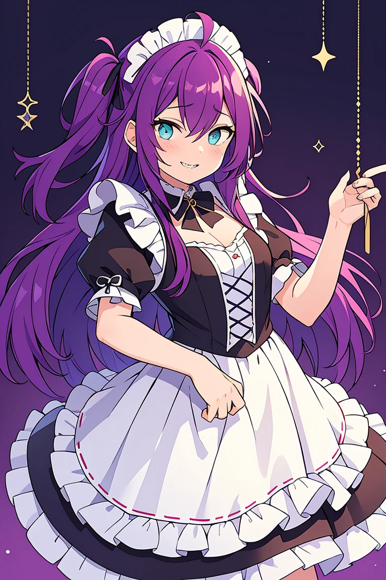 long hair, mole under mouth, purple hair, two side up hair, hair between eyes, aqua eyes, sharp teeth, ahoge, 1girl, blush, smile, cowboy shot, maid outfit, maid headdress