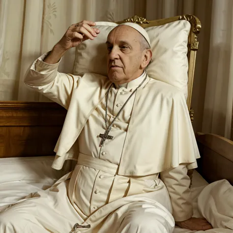very old and wise PopeFra Pope Francis dying in a bed in an hospital room. (old Pope). Drip inserted into arm, black shadows around him. Photorealistic and detailed shot, wide-angle.