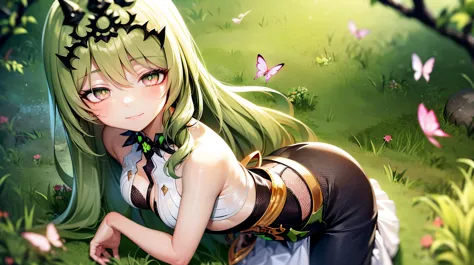 1 girl，Best quality, tmasterpiece, Long green hair, beautiful,detailed eyes, HD, super cute girl, super cute hairstyle, extremely detailed, Visually inspect the audience, The face is slightly red，is shy，adolable， small breasts cleavage, skirt, pleated skir...