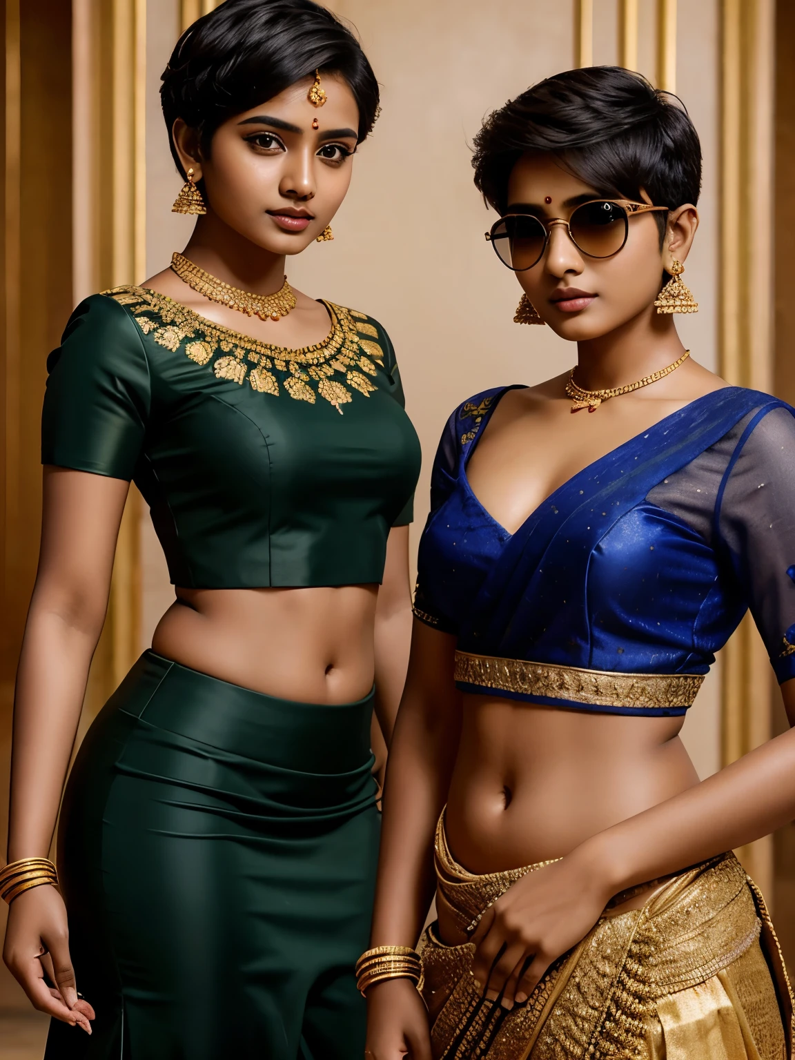 Two women in green and gold sari posing for a picture - SeaArt AI