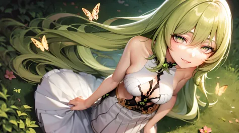 1 girl，Best quality, tmasterpiece, Long green hair, beautiful,detailed eyes, HD, super cute girl, super cute hairstyle, extremely detailed, Visually inspect the audience, The face is slightly red，is shy，adolable， small breasts cleavage, skirt, pleated skir...
