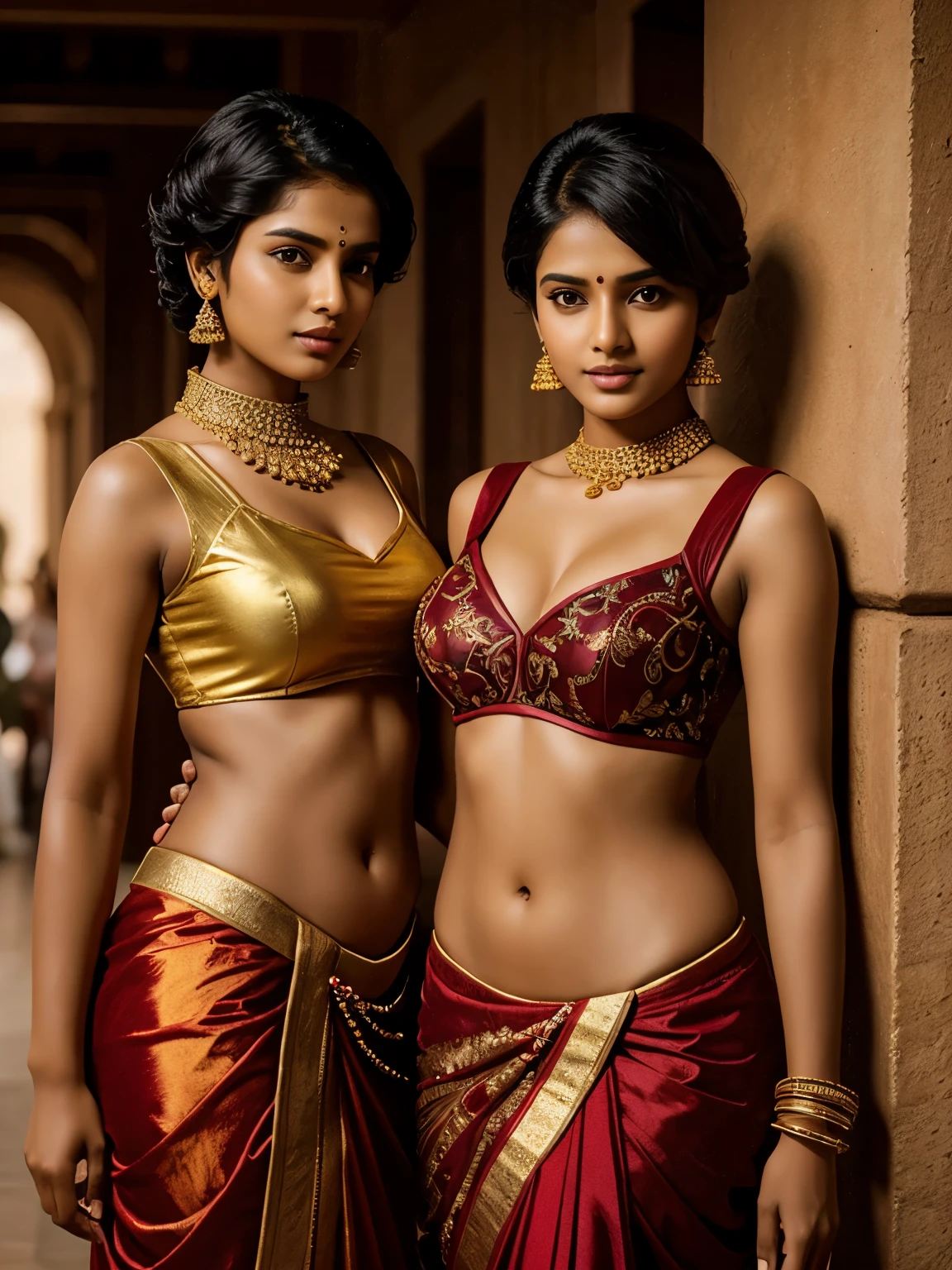 Duas lindas garotas Tamil, 20 anos de idade, poses ousadas e atrevidas para revista, (cabelo muito curto corte de cabelo militar), trajes da moda de designers caros, enfeites de ouro caros, óculos de sol retangulares pequenos, umbigo redondo e profundo, hdr, hiper-realista, detalhes intrincados