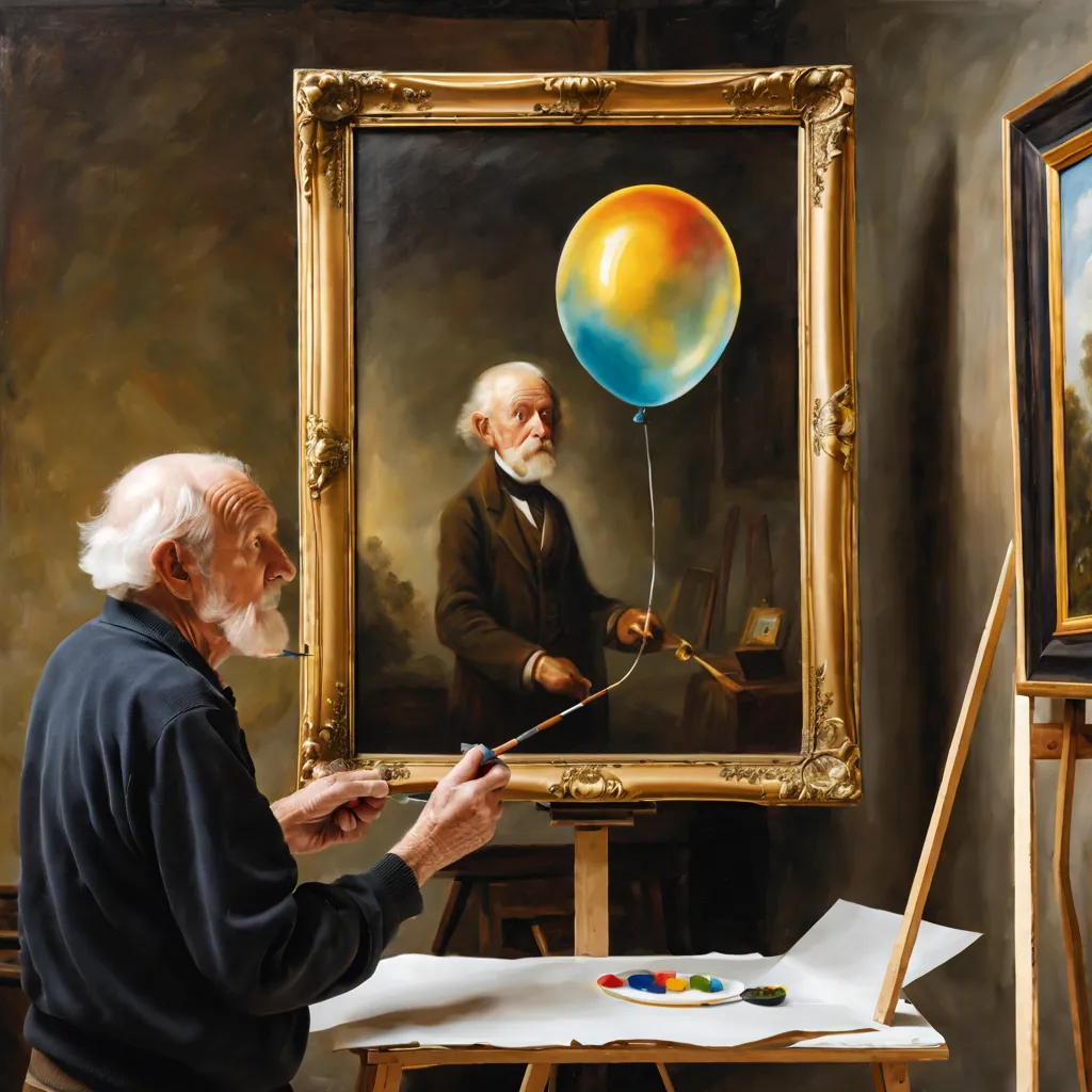 an optimal illusion of a balloon inside an oil picture inside a painting being painted by an old man